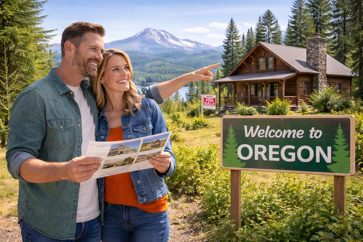 Couple moving from Arizona to Oregon in a forest setting with mountain scenery
