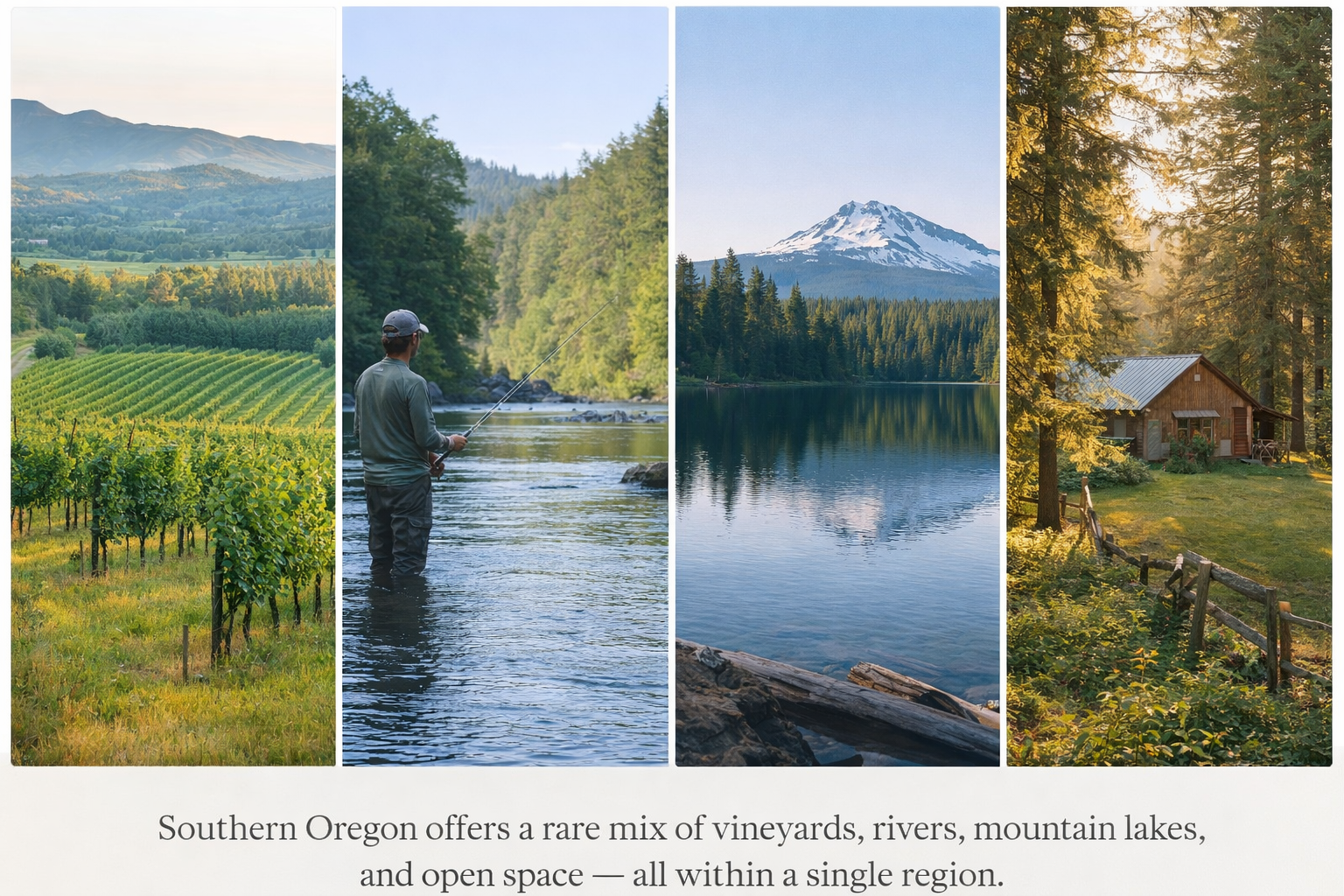 Southern Oregon Real Estate Lifestyle | Redwood Real Estate Southern Oregon real estate lifestyle featuring vineyards, rivers, mountain lakes, and forest homes