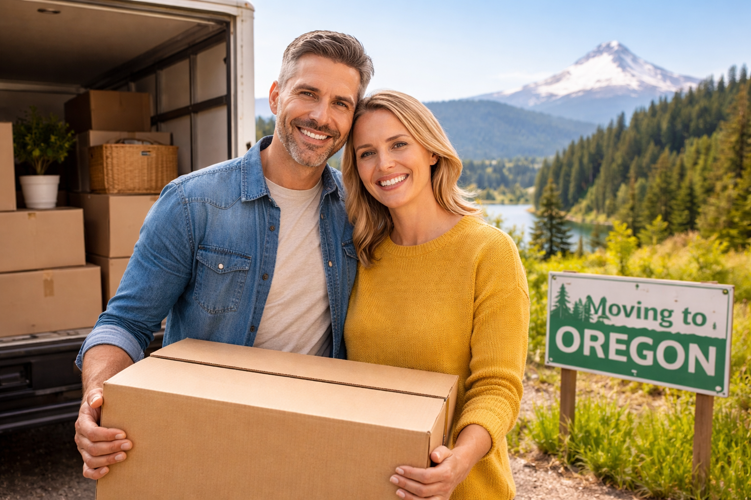 Moving to Oregon Relocation Guide Couple relocating to Oregon with moving truck and Southern Oregon landscape